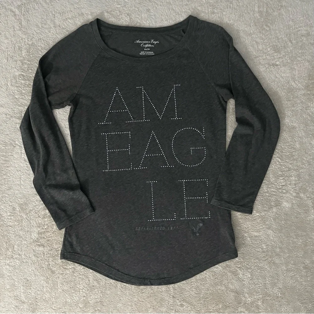 American Eagle Gray Logo Tee Three Quarter Sleeve Fitted Tee size XS - Picture 1 of 7
